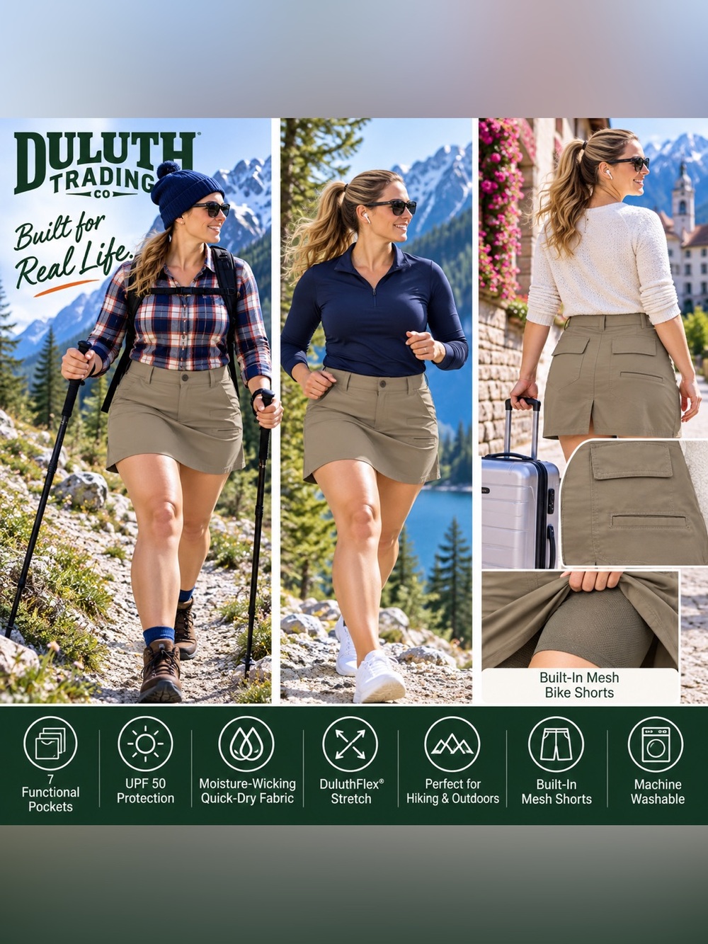 Duluth Trading Co Women’s Skort Khaki DuluthFlex UPF 50 Built-In Shorts Size:22